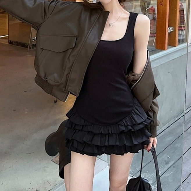 아이엠몽 여성용 슬림핏 라운드넥 캉캉 프릴 민소매 미니 원피스 R6H019