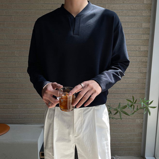 조군샵 남성용 빅사이즈 모던 브이 헨리넥 긴팔 티셔츠 T7532