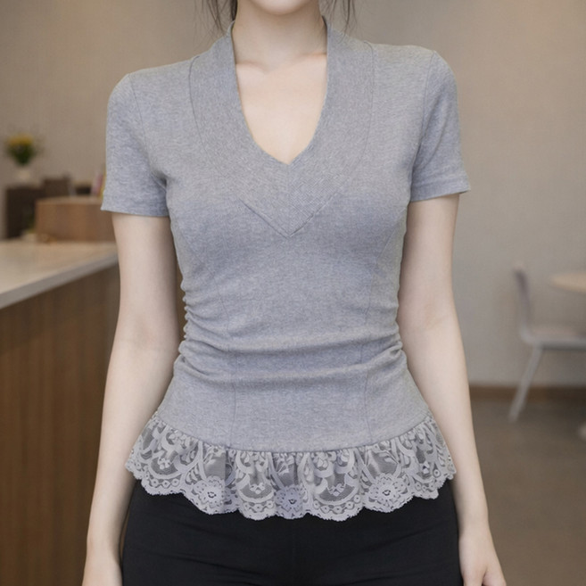 알로데 여성용 딥브이 레이스 셔링 반팔 티셔츠