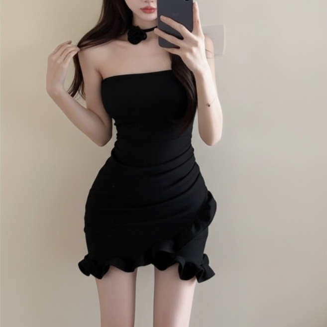 구디프 여성용 튜브탑 슬림핏 프릴 미니 원피스