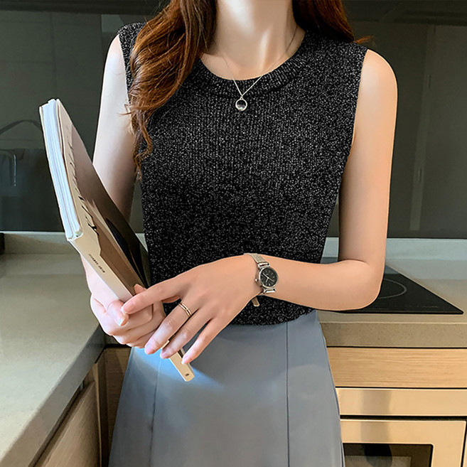 페이퍼먼츠 글로즈 라운드넥 민소매 니트 티셔츠 10507