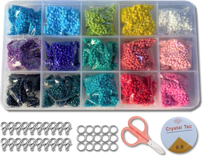 리니팜 15색 키링오링 가위 시드비즈 세트 비비드 2mm, 혼합색상, 1세트