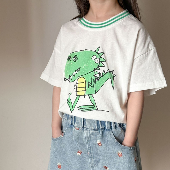 하라로이 여아용 그림그리기 티라노사우르스 반팔 티셔츠