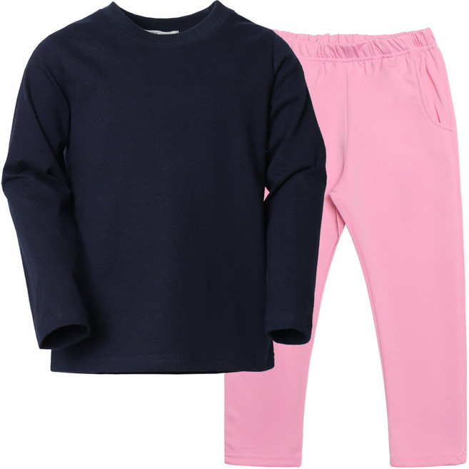 유라비 아동용 페이 홈 라운드 넥 에스트 긴팔 면 티셔츠 + 트레이닝 밴딩 팬츠 세트