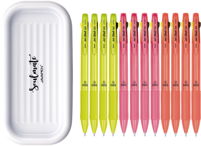 자바펜 제트 3볼 Biz 네오 0.7 유성 흑 + 적 + 0.5 형광 펜 3종 x 4p + 펜트레이 세트, 옐로우, 오렌지, 핑크(펜), 화이트(트레이), 1세트