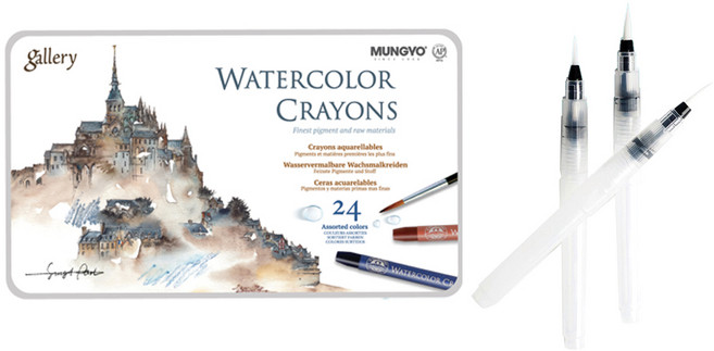 문교 수채크레용 틴케이스 24색 MAC-24T + 워터 브러쉬 3종 세트, 1세트