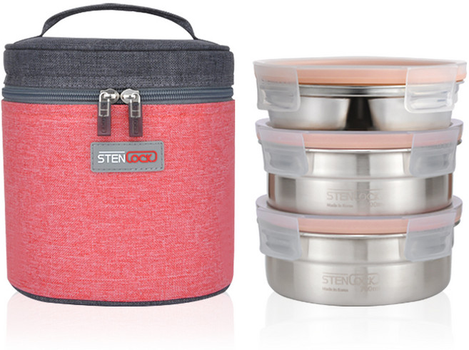 스텐락 퓨어 원형 3단 도시락 중 350ml + 700ml x 2p, VINTAGERED, 1세트