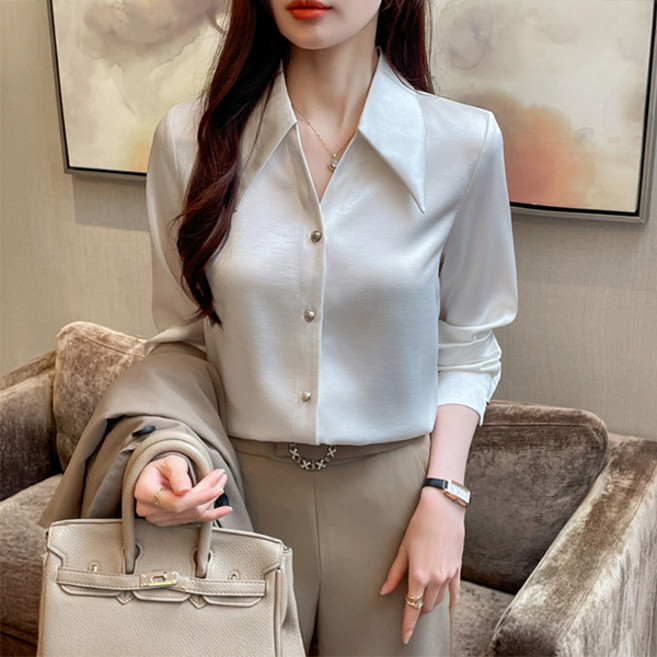 POPLARNC 女款 Nenarepyu 緞面 V領翻領襯衫 P26FBL061972