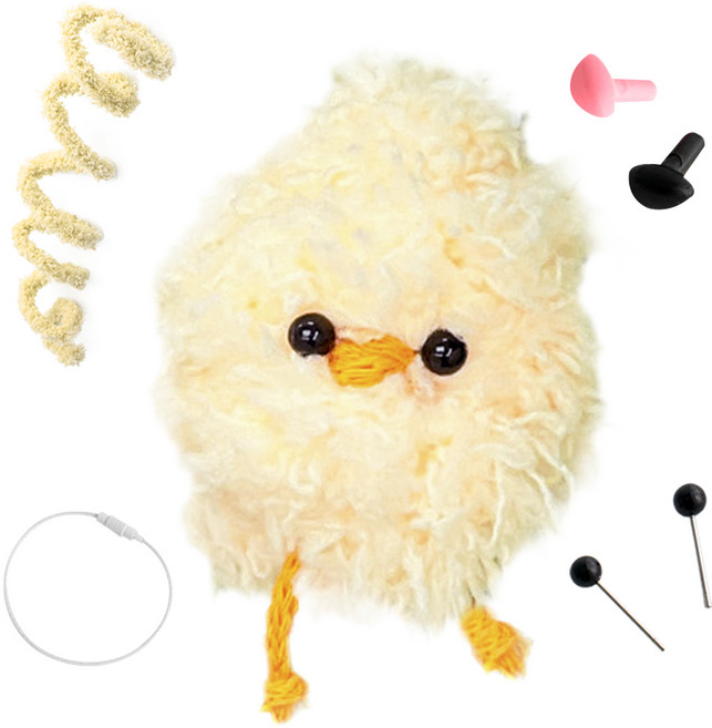 yarna 철사인형 + 핀타입 인형눈 4mm x 2p + 컬러미니삼각코 2종 + 컬러와이어링 모루 뽀글이 짹짹이 인형 만들기 세트, 1세트, 연노랑 + 화이트 + 블랙 + 핑크