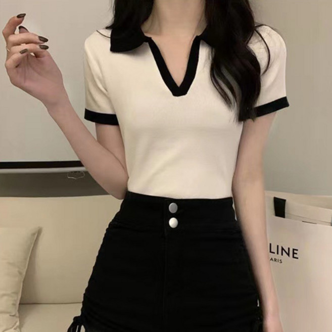 더플로우커머스 여성용 배색 카라 슬림핏 캐주얼 반팔 티셔츠