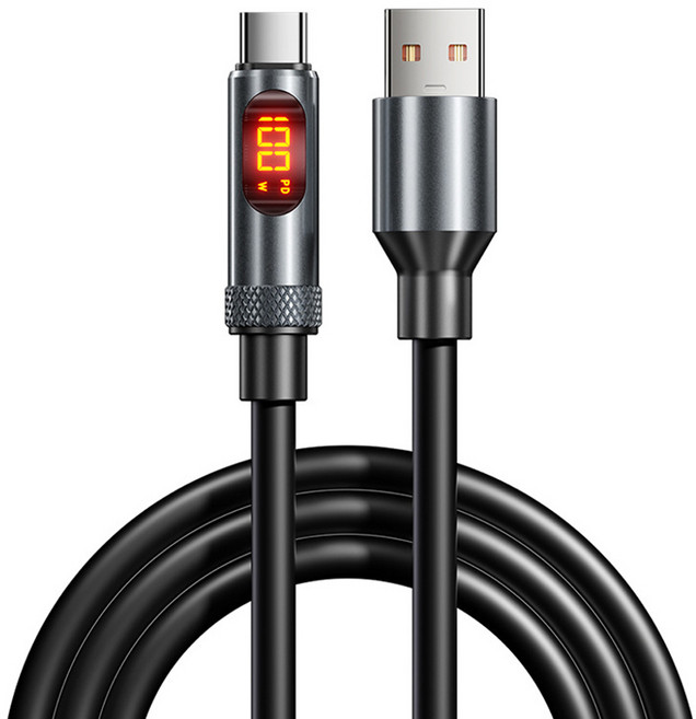 小麥購物 Type-C系列 數顯快充數據線 100W A-C L1369, 1個, 黑色, 120cm