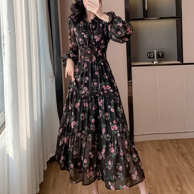 Raratina 女款 Rose One 雪紡鬆緊腰長袖長版連身裙, 黑色