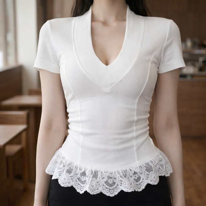 allode 女款深V領蕾絲抓皺短袖T恤