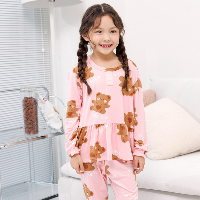 mabellechouchou 女童 Hello Bear 柔軟保暖蜜桃絨睡衣上下套裝