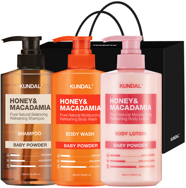 쿤달 샴푸 500ml + 바디워시 500ml + 바디로션 500ml 3구 선물세트 C 베이비파우더 + 쇼핑백 블랙, 1세트