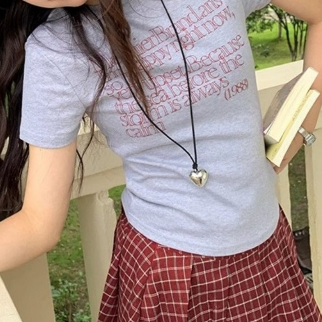 아이엠몽 여성용 슬림핏 라운드넥 영문 레터링 프린팅 반팔 티셔츠 R6H193