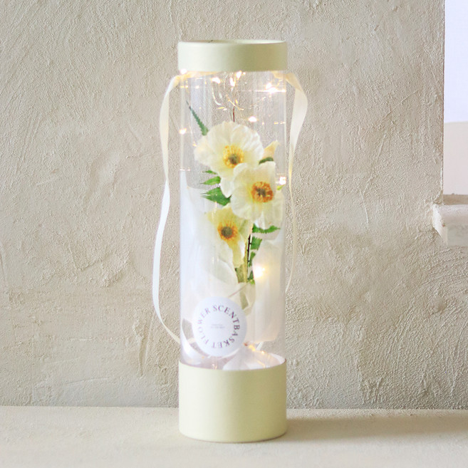Scent Basket 人造罌粟花絲花花束 LED圓筒提籃, 象牙白, 1個