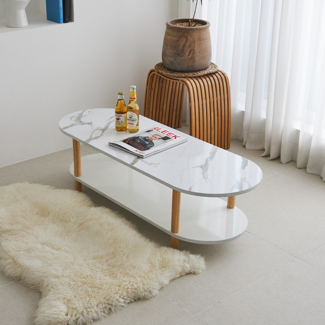 스토리퍼니쳐 국내생산 E0 LPM 하모니 2단 쇼파 테이블 타원 BASIC 1200x465x330, 화이트마블 + 오크