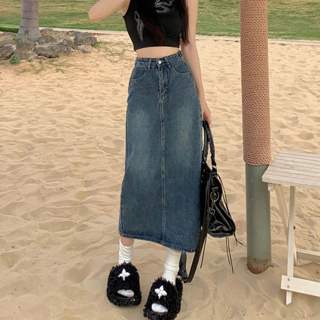 德芙洛商務 女款柔美曲線A字後開衩牛仔長裙