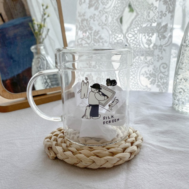 다파랑 화가와 고양이 투명 손잡이 내열유리 유리컵 420ml + 뚜껑 세트 HJ0087, A형, 1세트