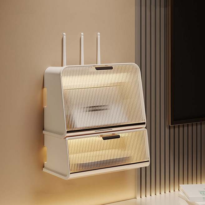 라라공방 인테리어 무타공 모던 멀티탭 셋탑박스 정리함 2단, 투명 + 오프화이트, 1개