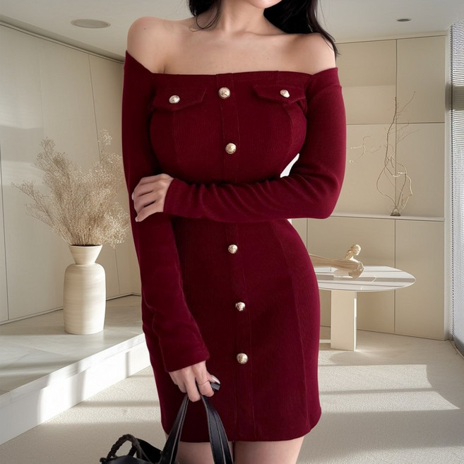 글램디브 지하딘 스퀘어넥 금장 버튼 슬림 미니원피스 AB0255