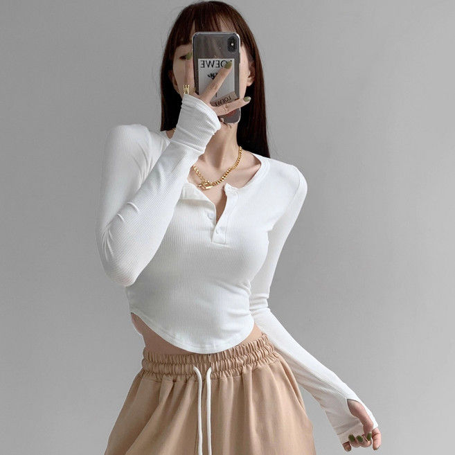 디멜디 여성용 슬림핏 버튼디테일 봄 크롭 긴팔 티셔츠