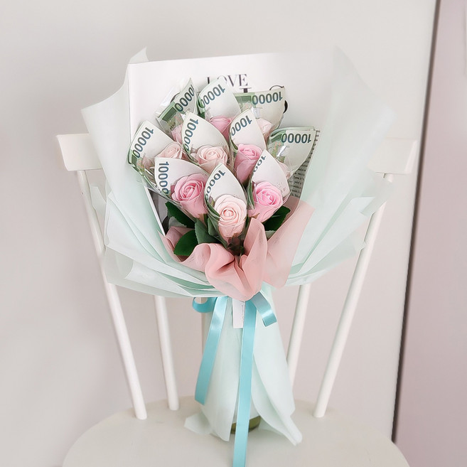 케릴 레터링 로즈 용돈 비누꽃다발 10송이+ 쇼핑백, 핑크, 1개