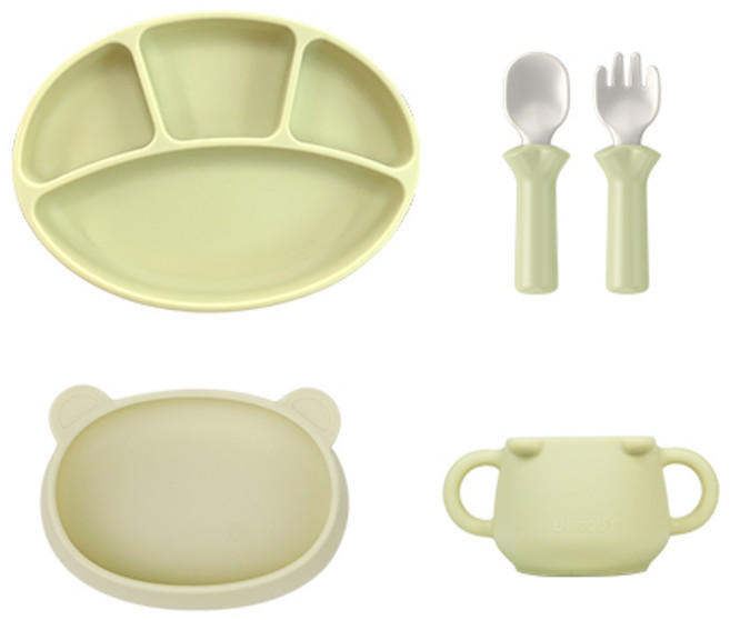 블루마마 실리콘 스푼 + 포크 + 스푼포크 케이스 + 흡착식판 + 곰돌이컵 + 곰플레이트 올인원 세트, 그린빈, 1세트