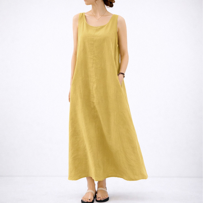 allode 女款亞麻長版無袖連身裙