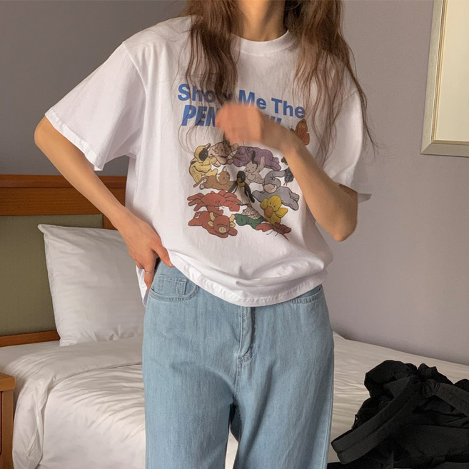 여성용 통기성 바시 일러스트 라운드넥 반팔 면 티셔츠