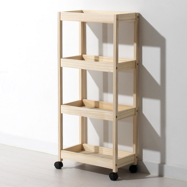 올리빙 원목 이동식 트롤리 선반 중형, 내추럴, 4단