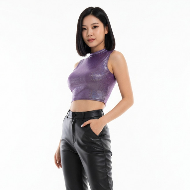 마켓피아 여성용 무대 댄스의상 하이넥 크롭탑 민소매