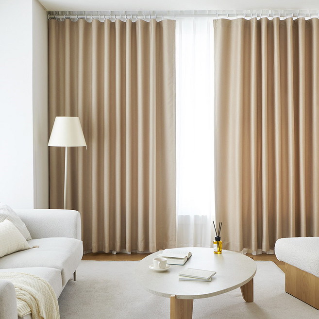 쁘리엘르 그로브 빛차단 사계절 핀형 암막 커튼 + 자석 타이백 세트