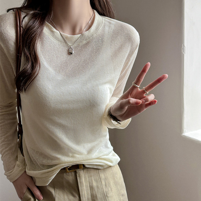 디멜디 여성용 시스루 라운드 레이어드 데일리 봄 긴팔티