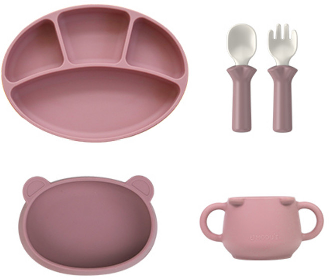 블루마마 실리콘 스푼 + 포크 + 스푼포크 케이스 + 흡착식판 + 곰돌이컵 + 곰플레이트 올인원 세트, 핑크, 1세트