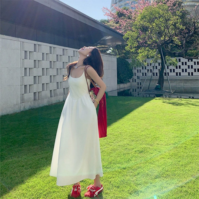 더플로우커머스 여성용 뷔스티에 플레어 민소매 롱 원피스