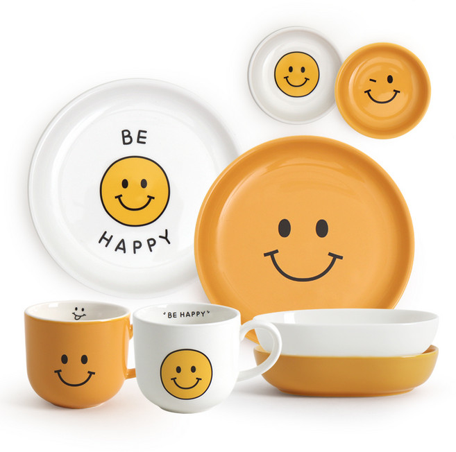 DOHO 스마일 2인 그릇 세트 8p, 접시 2p + 타원볼 2p + 소스볼 2p + 머그 2p, 옐로우, 화이트