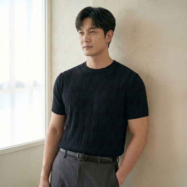 아뗄릭옴므 남성용 타이셀 라운드넥 니트 반팔 티셔츠 10016