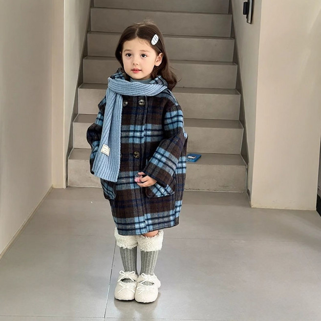 스타빈 아동용 체크패턴 후드 더블 롱코트