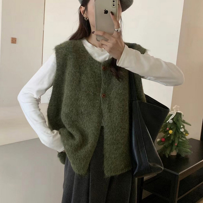 알로데 여성용 인조 앙고라 투버튼 니트조끼