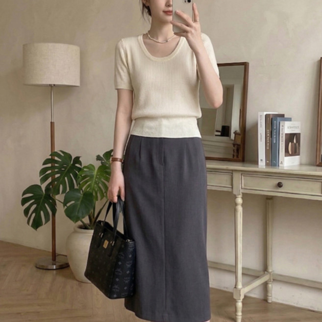 아이캔심플 여성용 여름 U넥 니트 반팔 티셔츠