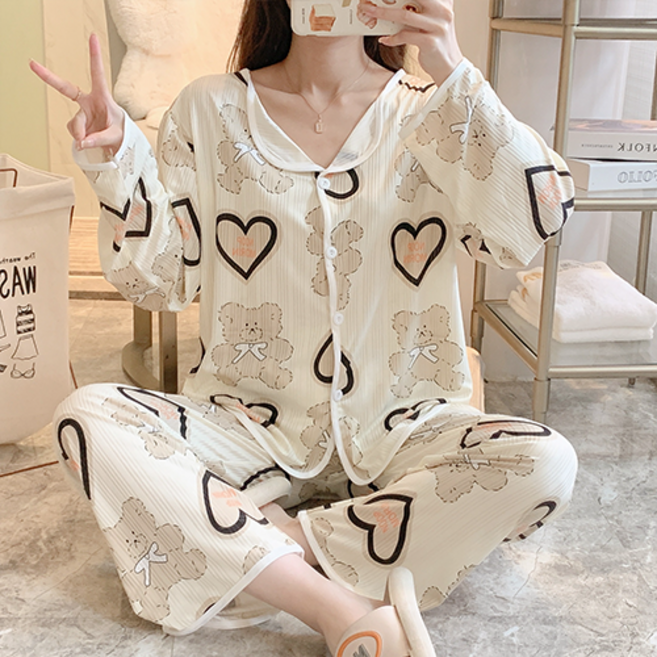 바이오브라운 여성용 곰돌이 루즈핏 잠옷 세트