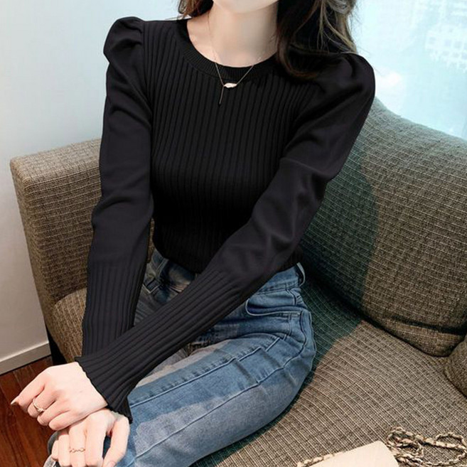 라라티나 여성용 벨르 따뜻한 어깨 퍼프 골지 니트 긴팔 티셔츠