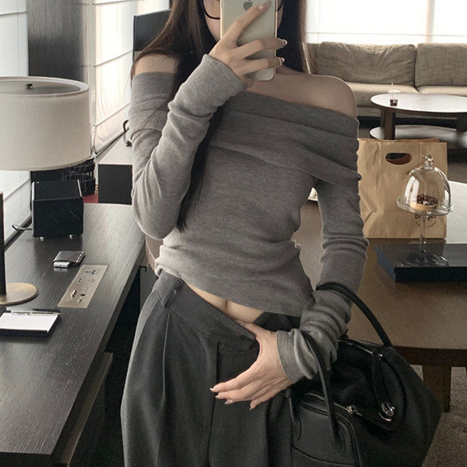 더시럽 여성용 슬림 소프트 오프숄더 니트 탑