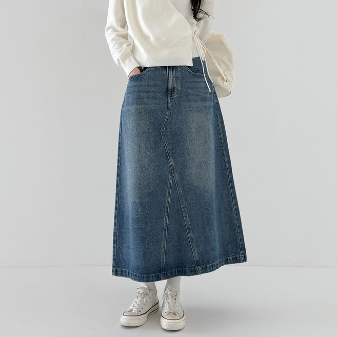 라라온 기본/숏 기장 2단 빈티지 워싱 A라인 롱 데님 스커트 25TSP3373