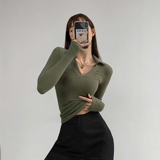 디멜디 여성용 브이넥 슬림핏 봄 긴팔 티셔츠