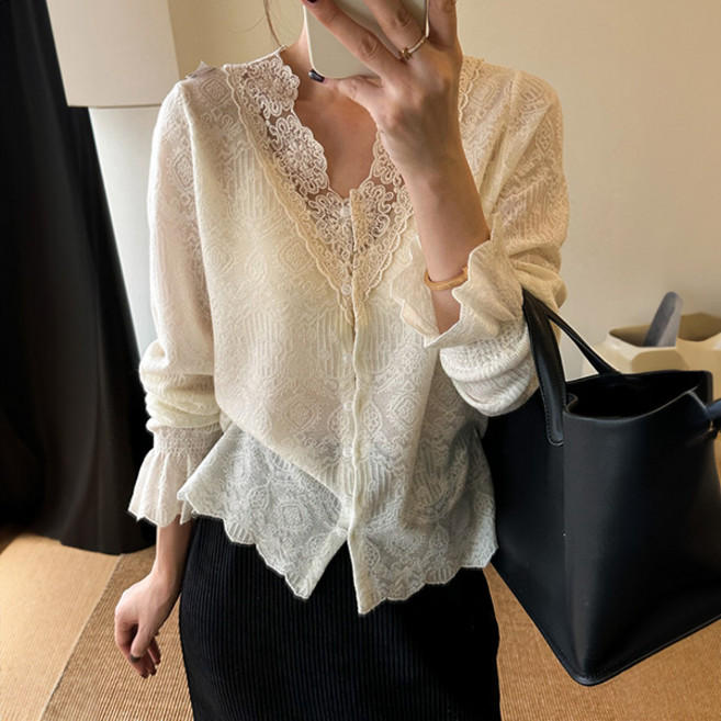 비비에모 프릴리스 자가드 레이스 가디건 10871