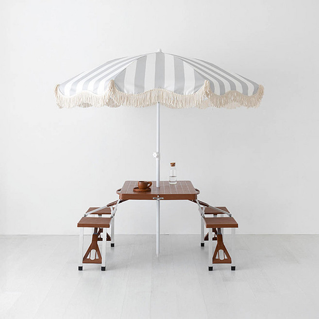 마켓비 캠폴 4인 야외 의자일체형 접이식테이블 + 로밀 테슬 파라솔 세트, 브라운 + 그레이스트라이프A