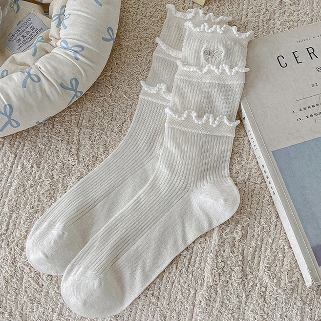 닷이프 여성용 얼씽 리본 자수 양말 2켤레